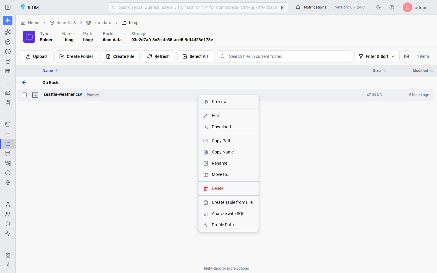 right-click context menu on CSV file in Ilum File Explorer showing Create Table from File option