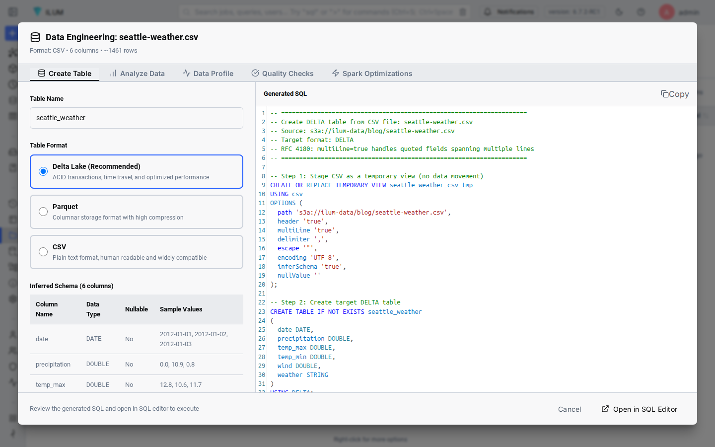 Ilum DataEngineering modal overview tab showing CSV file stats and format detection