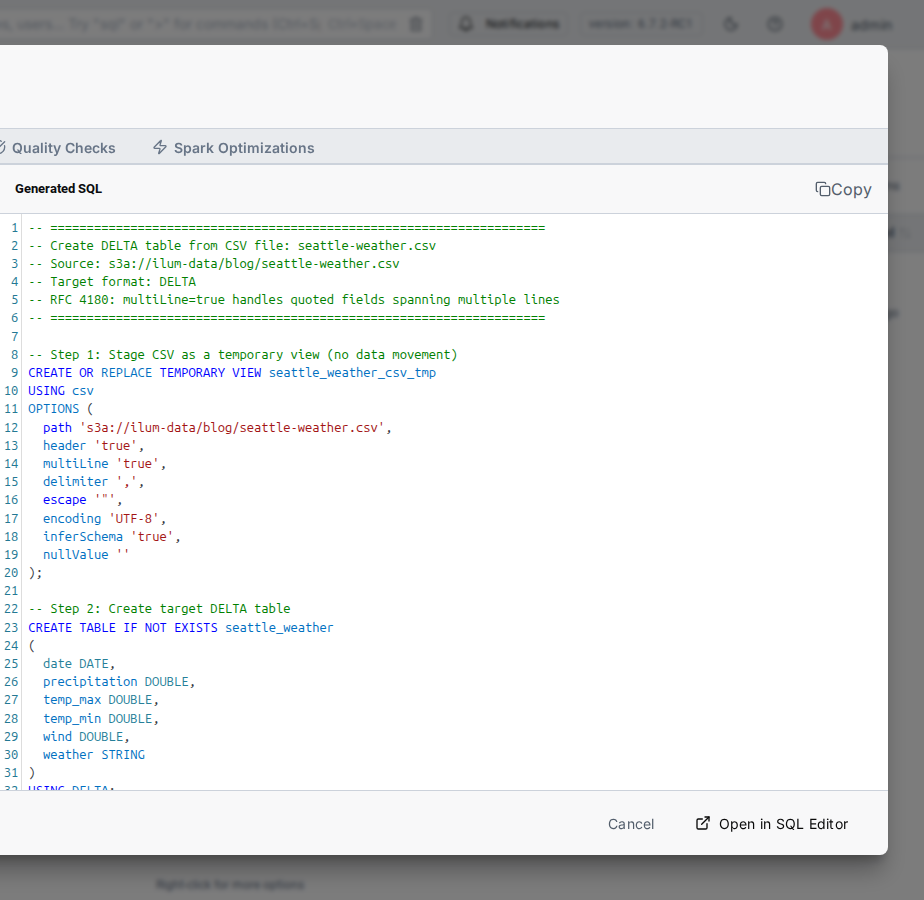 generated Spark SQL CREATE TABLE statement for CSV to Delta table in Ilum