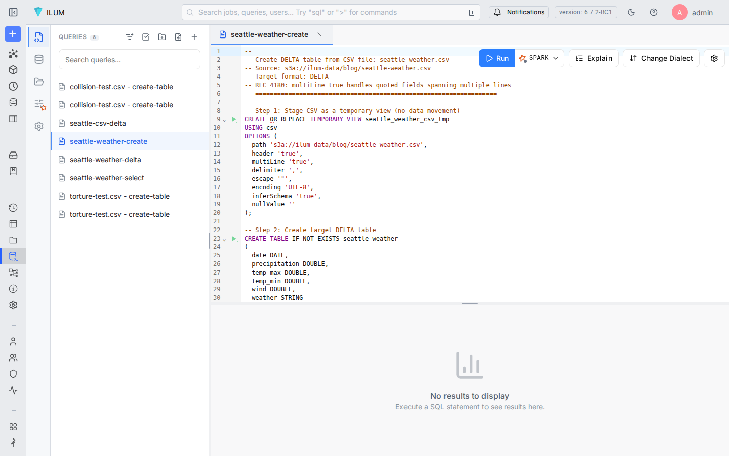 Ilum SQL editor with generated CREATE TABLE SQL ready to run against Kyuubi Spark engine