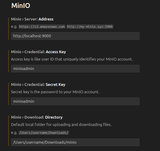 MinIO Extension Settings