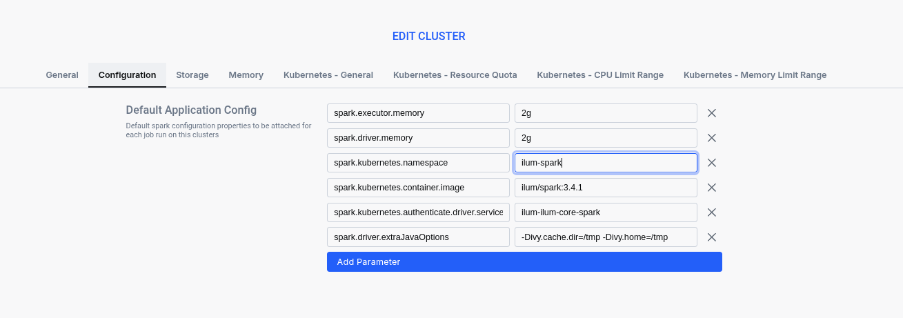 Ilum UI screenshot demonstrating how to change the default cluster namespace configuration for Spark jobs