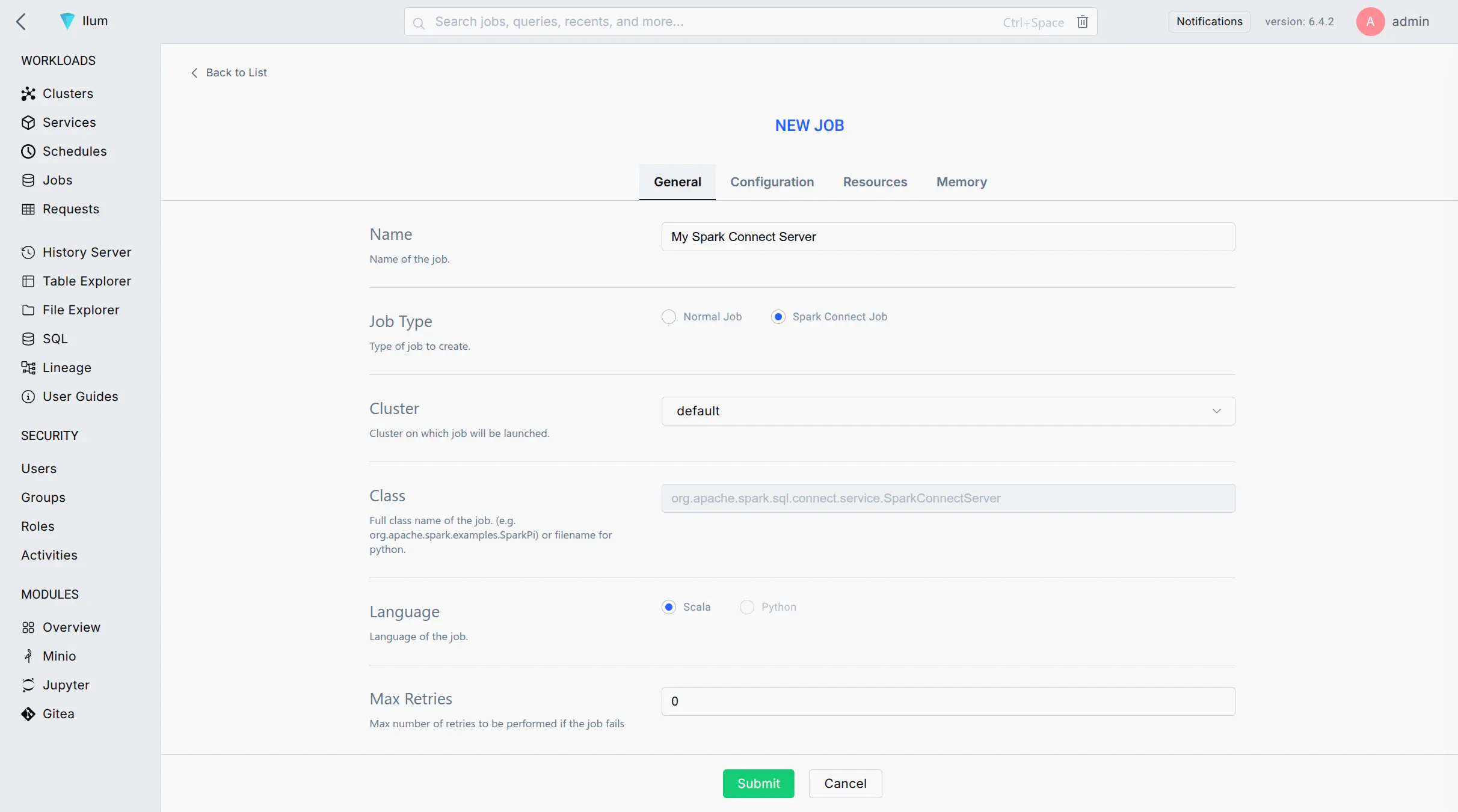 Job form with Spark Connect option