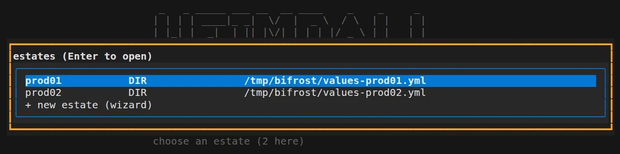Heimdall estate picker listing the clusters prod01 and prod02 with their values files, and an entry for creating a new estate